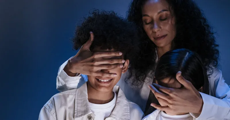 Mother guides her children with love and protection, symbolizing online safety and privacy.