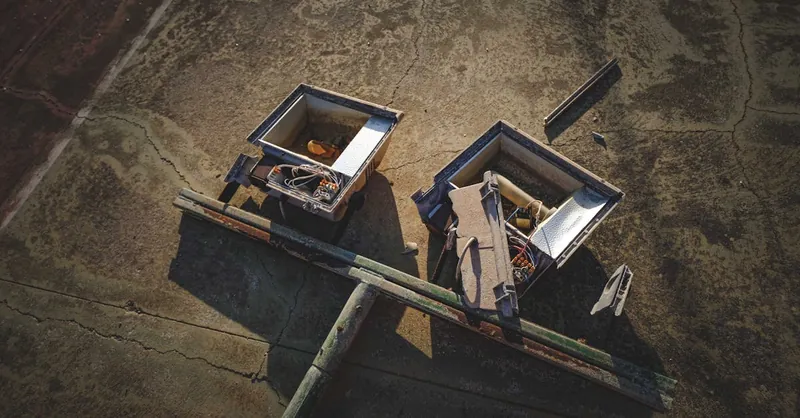 High angle view of discarded electronics with exposed wires and components on a cracked surface.