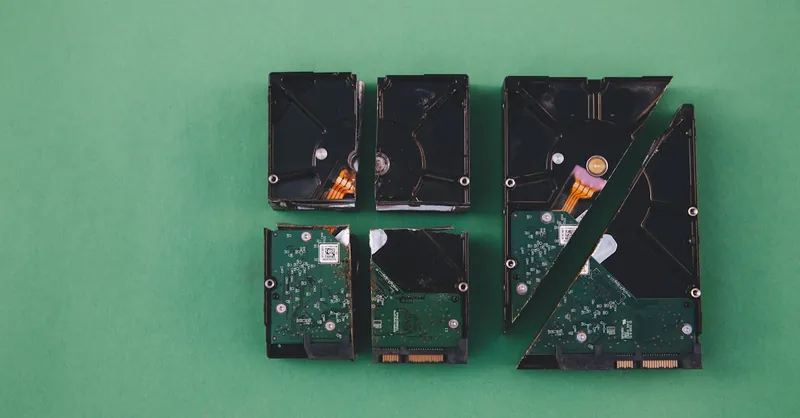 Four broken hard drives arranged on a green background, showcasing data destruction.