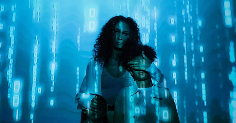 A family stands in digital blue light, symbolizing online privacy and security.